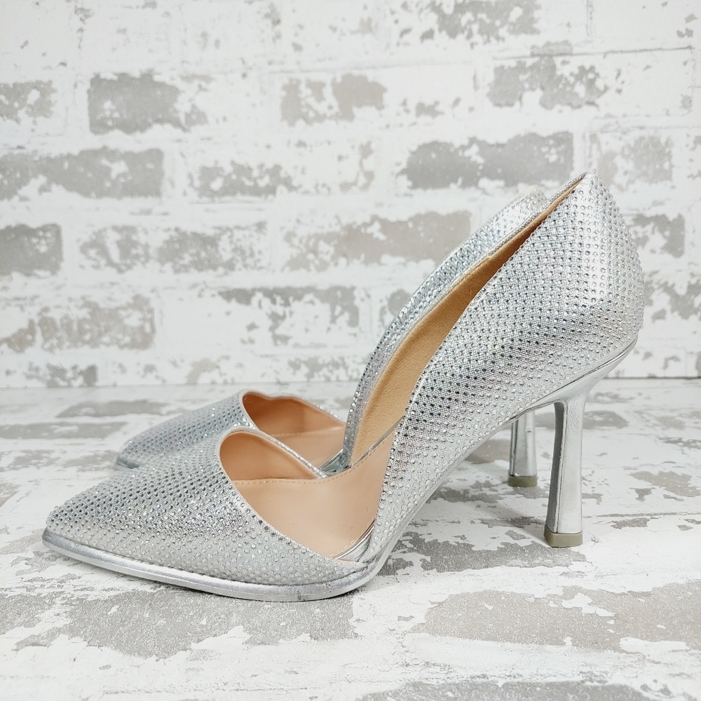 New MIA Ciana Silver Slip On Pointy Toe Heel Rhinestone D'Orsay Pumps W507